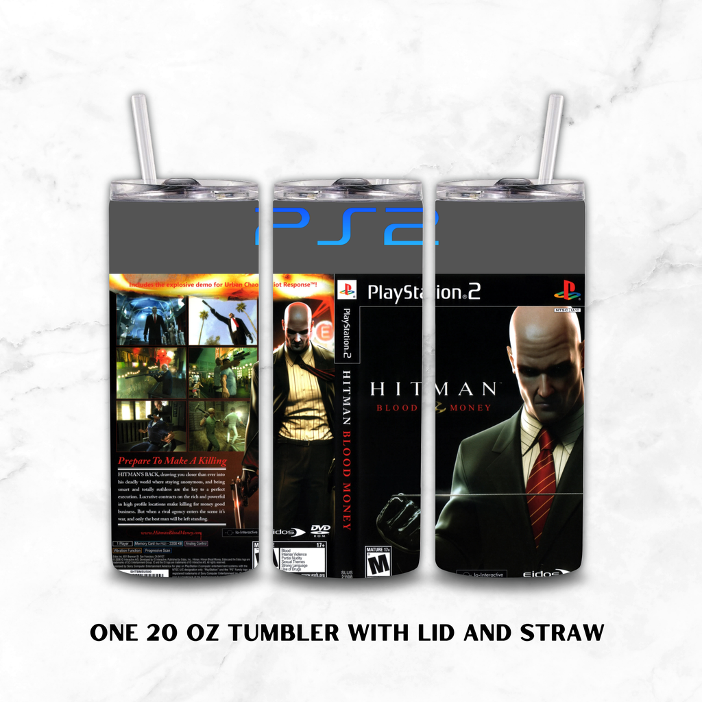 Three views of a 20 oz tumbler with lid and straw, featuring PlayStation 2 and Hitman Blood Money graphics, displayed on a white marble background.