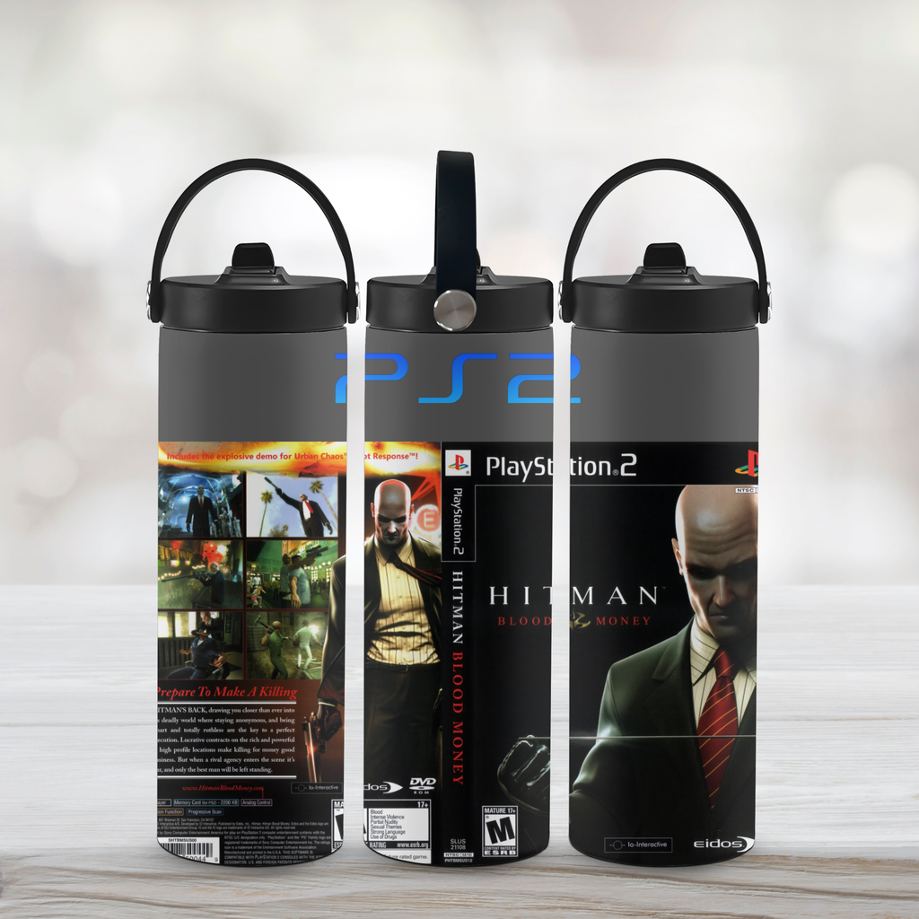 Three sports water bottles with Hitman Blood Money game covers on a light wooden surface.