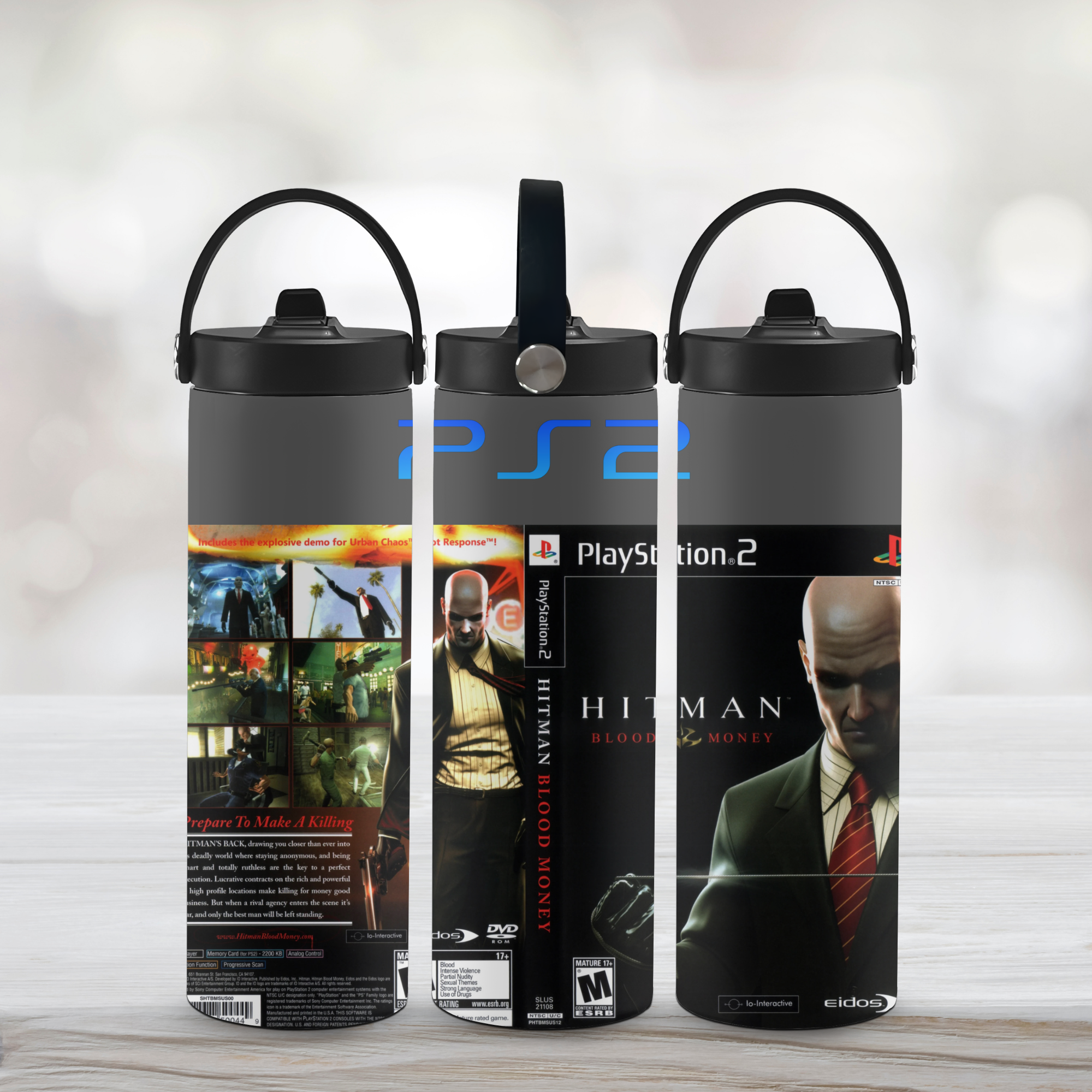 Three sports water bottles with Hitman Blood Money game covers on a light wooden surface.