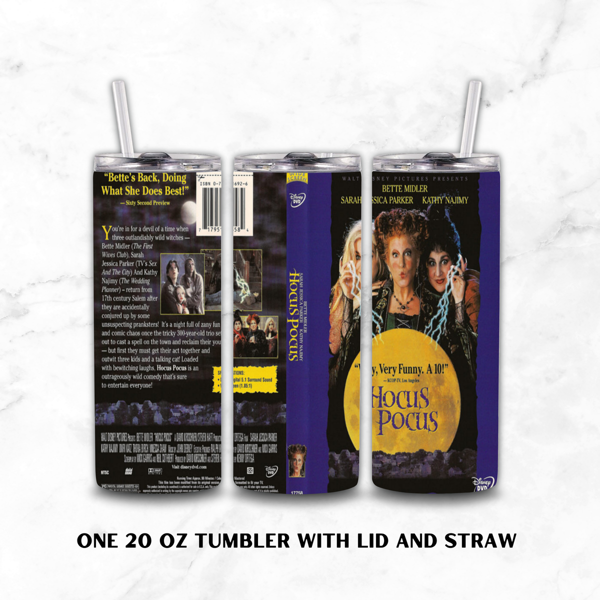 Three views of a 20 oz tumbler with lid and straw, printed with the back, front, and spine of the movie 'Hocus Pocus'. The tumbler features purple borders, character artwork with orange and yellow tones, and black text sections.