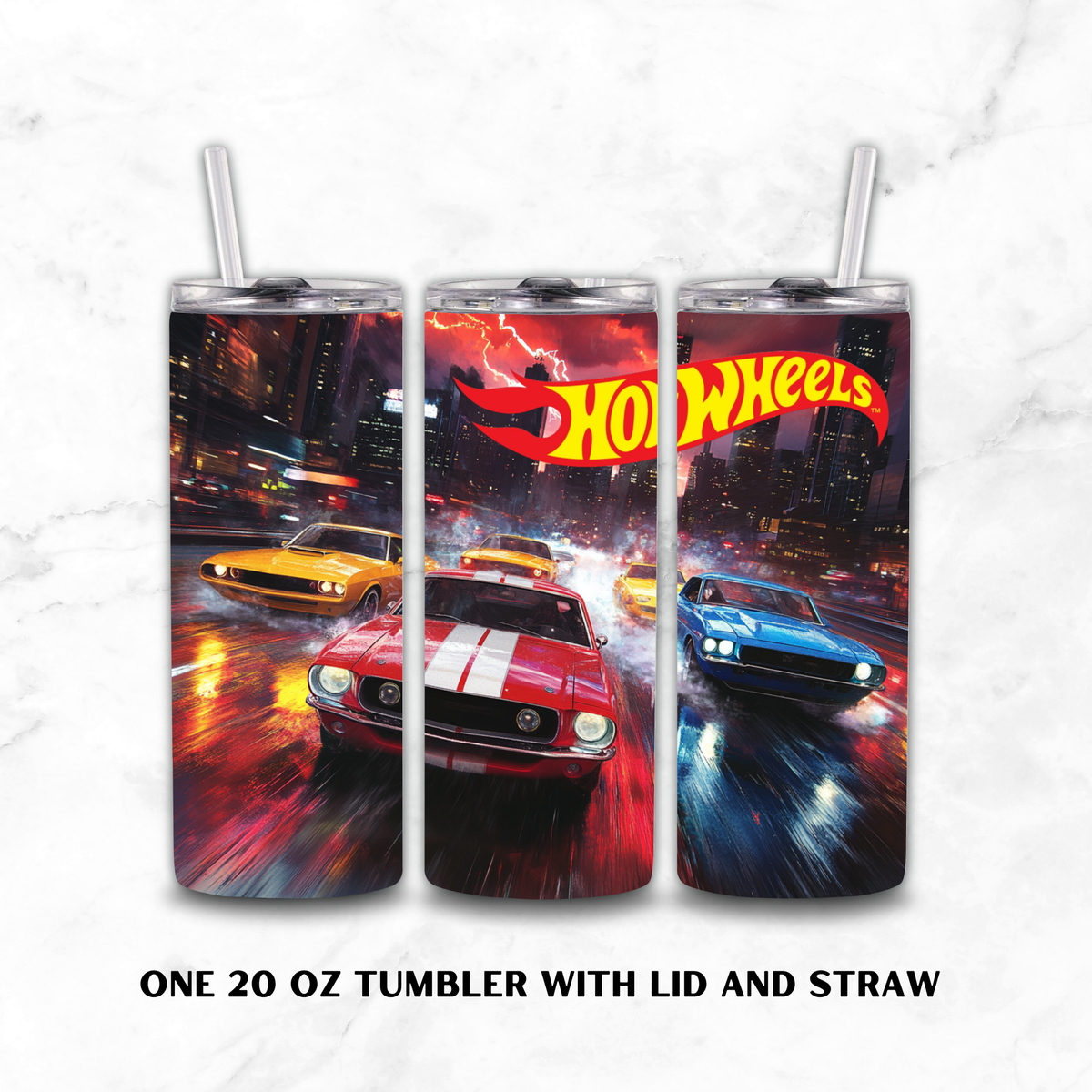 Three views of a 20 oz tumbler with lid and straw, featuring a Hot Wheels racing print with classic cars on a wet city street at night, shown on a light marble background.