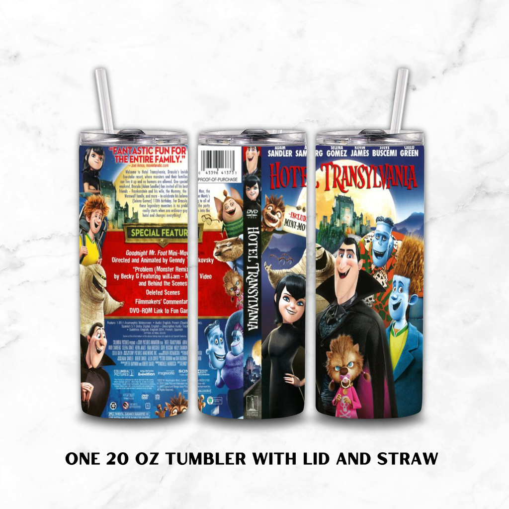 Three views of a 20 oz stainless steel tumbler with lid and straw, featuring Hotel Transylvania movie artwork on a white marble background. The left view shows the back with credits and a dog illustration, the center shows the middle wrap, and the right shows the front with movie characters.
