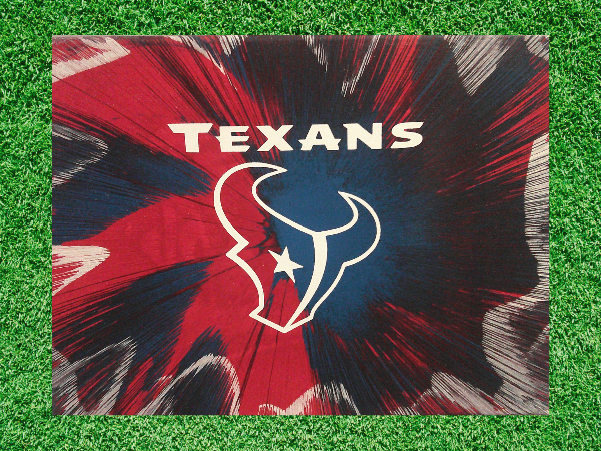Houston Texans Spin Art canvas wall art on green grass background.