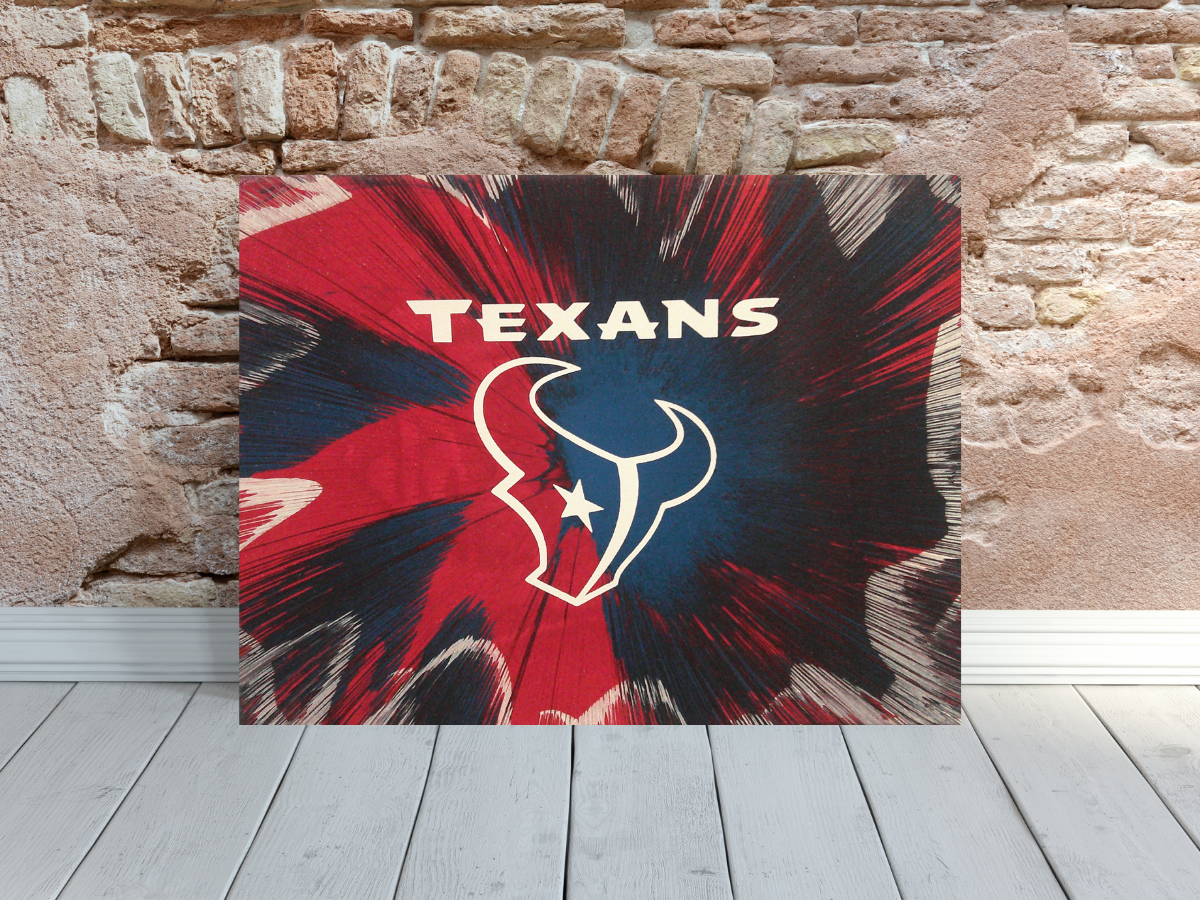 Houston Texans Spin Art canvas wall art leaning on a brick wall.  