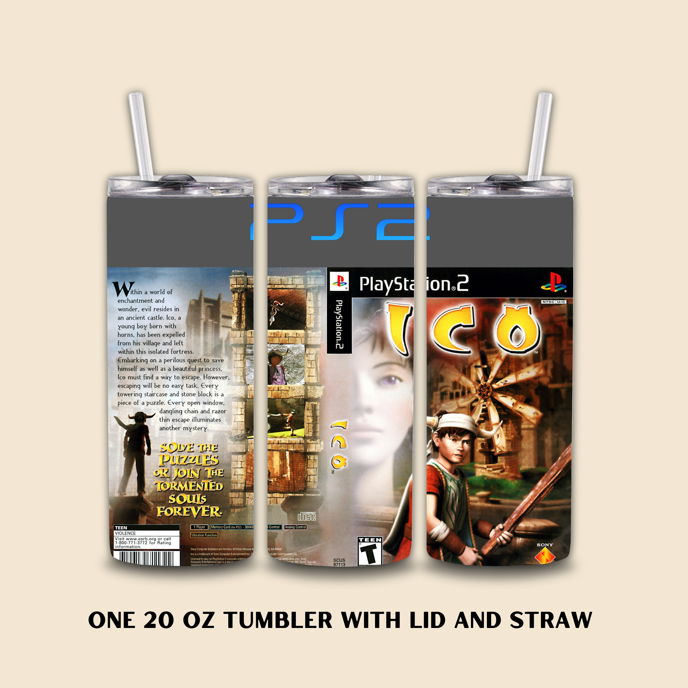 Three 20 oz tumblers with ICO designs on a beige background