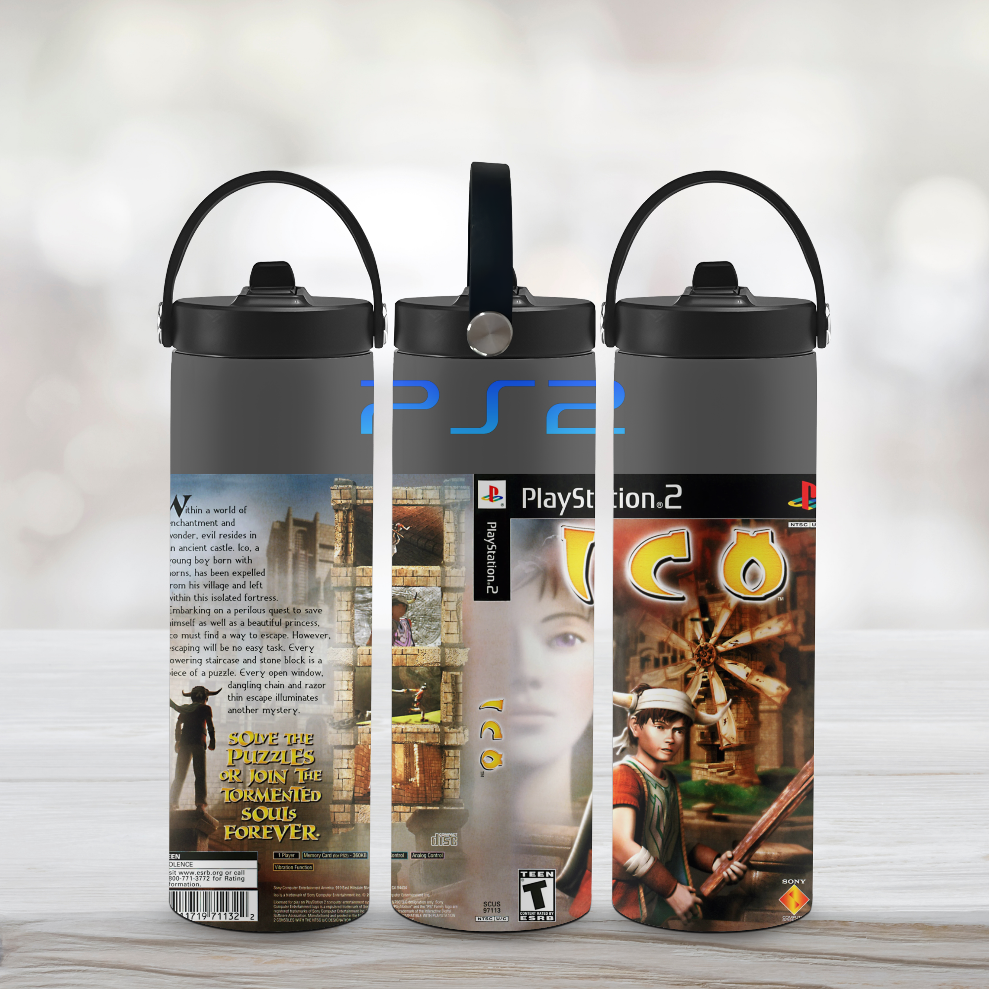 Three sports water bottle with ICO theme