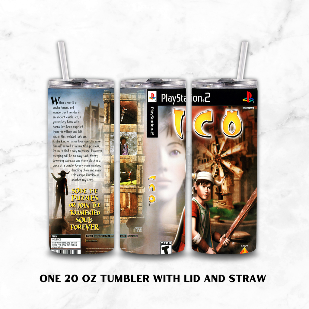 A 20 oz tumbler with lid and straw shown from three angles on a white marble background. The tumbler wrap features ICO PlayStation-themed video game artwork.