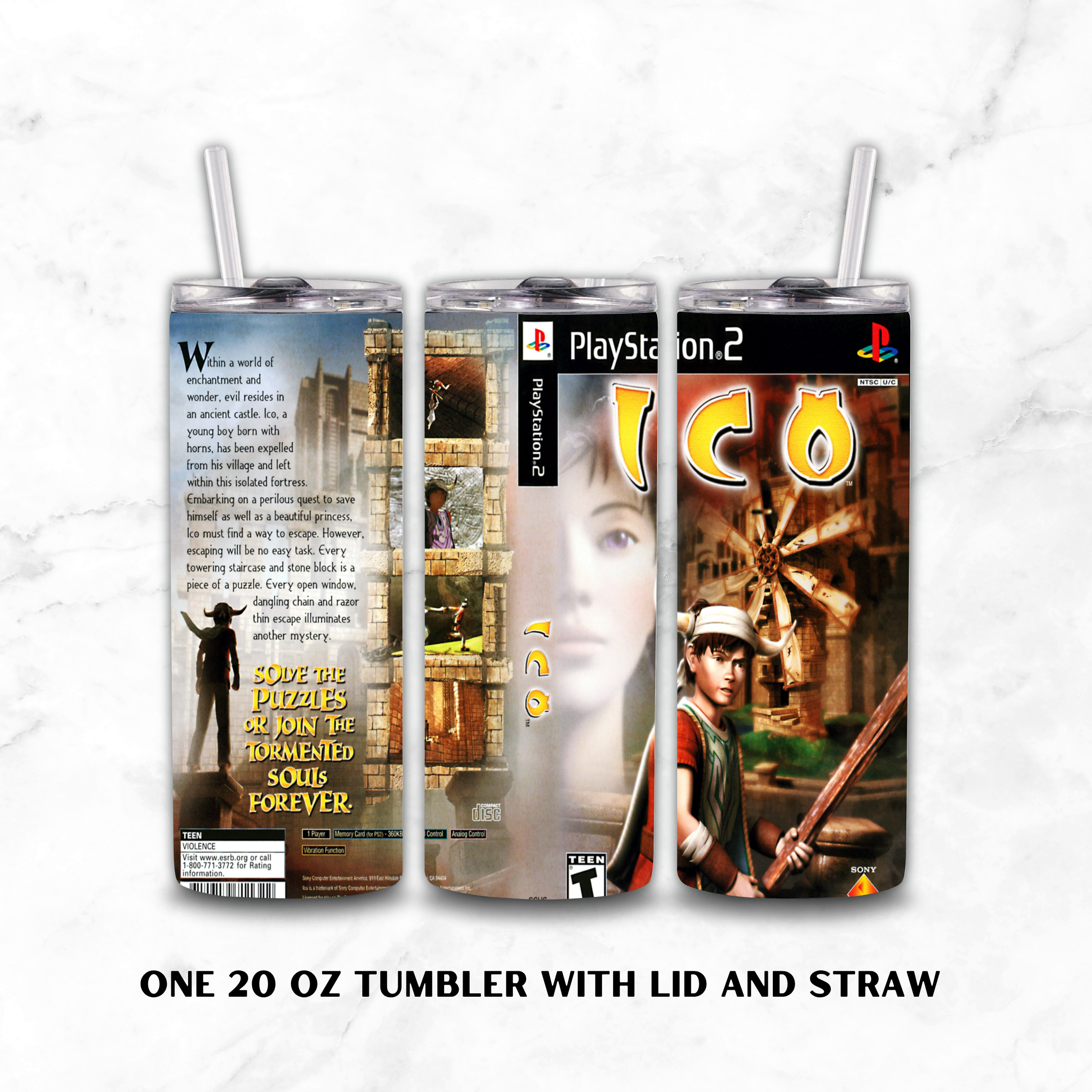 A 20 oz tumbler with lid and straw shown from three angles on a white marble background. The tumbler wrap features ICO PlayStation-themed video game artwork.