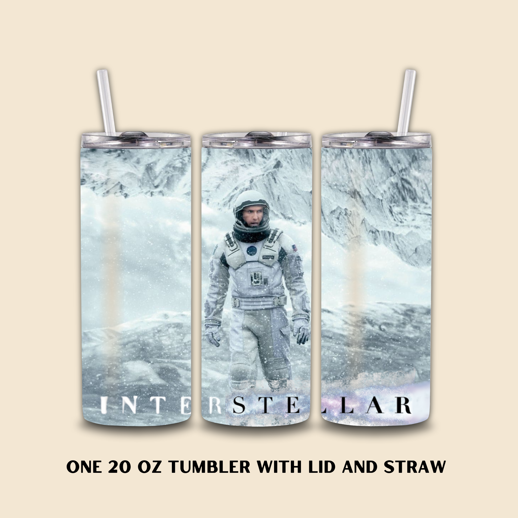 Tumbler with 'Interstellar' astronaut design on a beige background