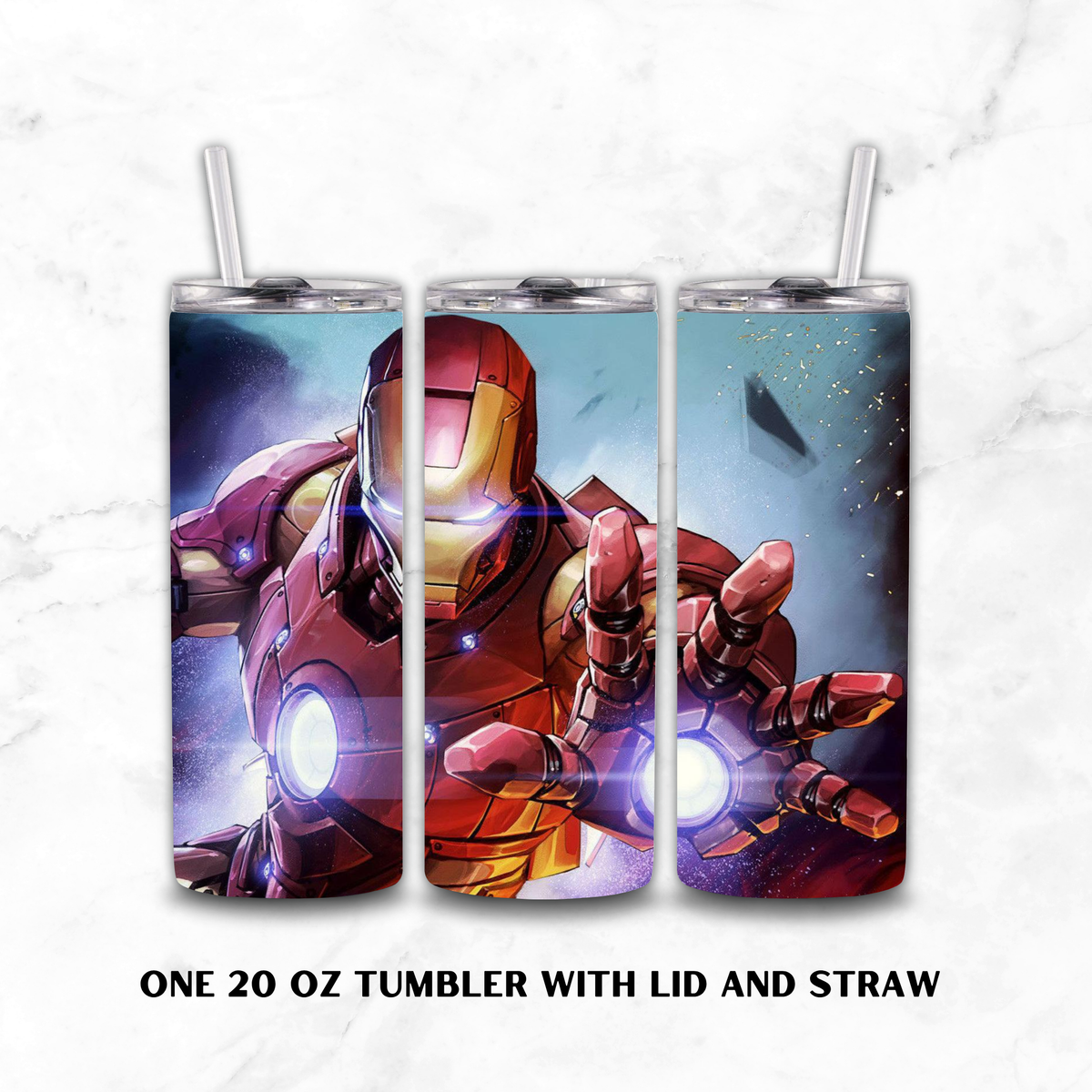 Three views of a 20 oz tumbler with lid and straw, featuring a printed Iron Man graphic on a light marble background. Text below reads 'ONE 20 OZ TUMBLER WITH LID AND STRAW'.