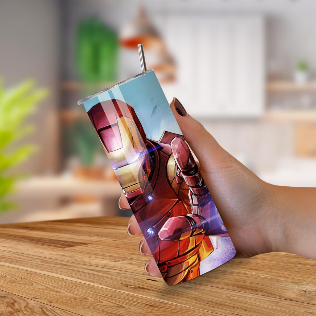 20 oz with Iron Man design held by a hand on a wooden surface