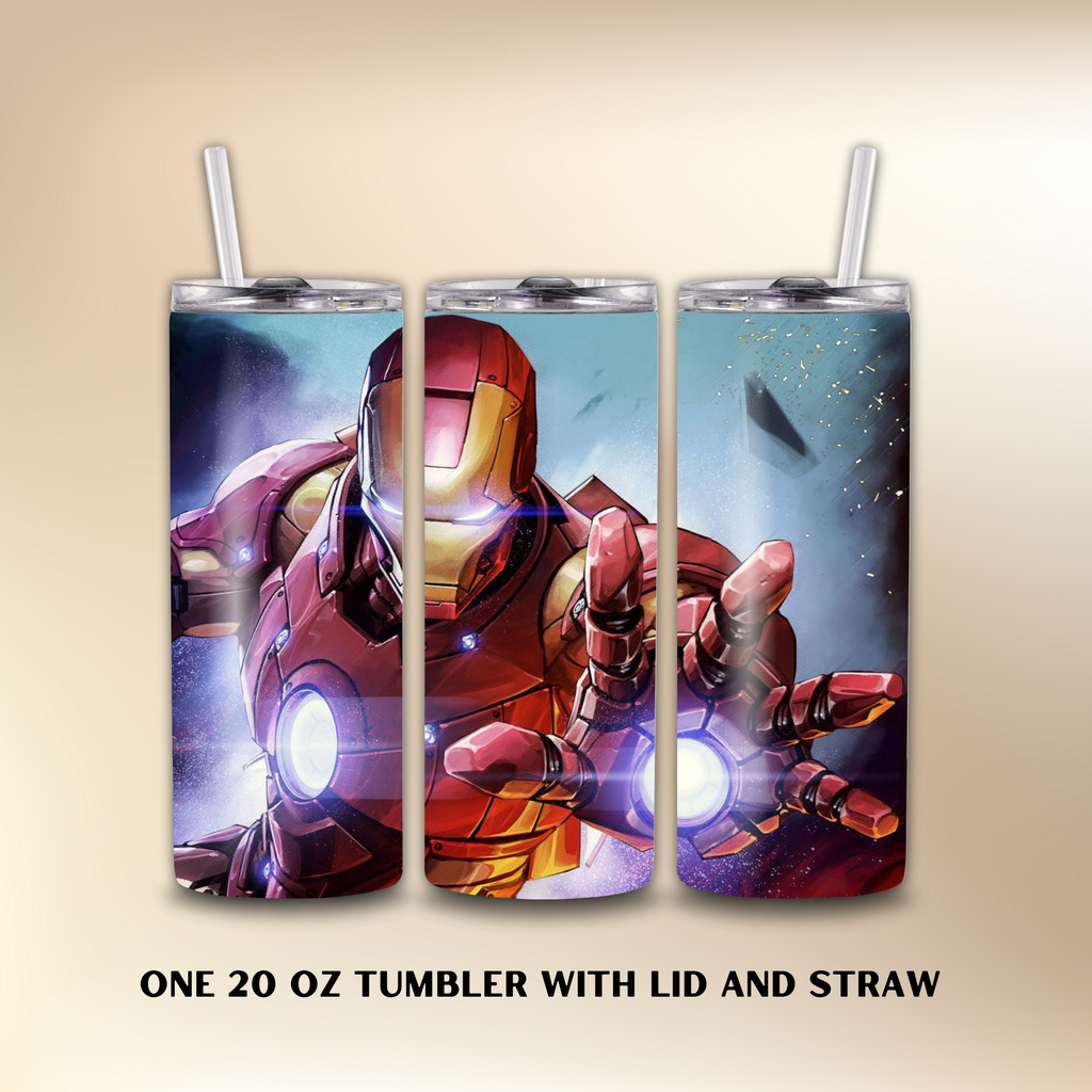 20 oz tumbler with Iron Man design on a beige background