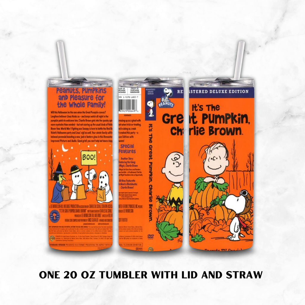 Three views of a 20 oz tumbler with lid and straw, featuring a Peanuts 'Peanuts, Pumpkins, and Pleasures for the Whole Family!' Halloween design. The tumblers show orange pumpkins, cartoon characters, and text including 'It's The Great Pumpkin, Charlie Brown.