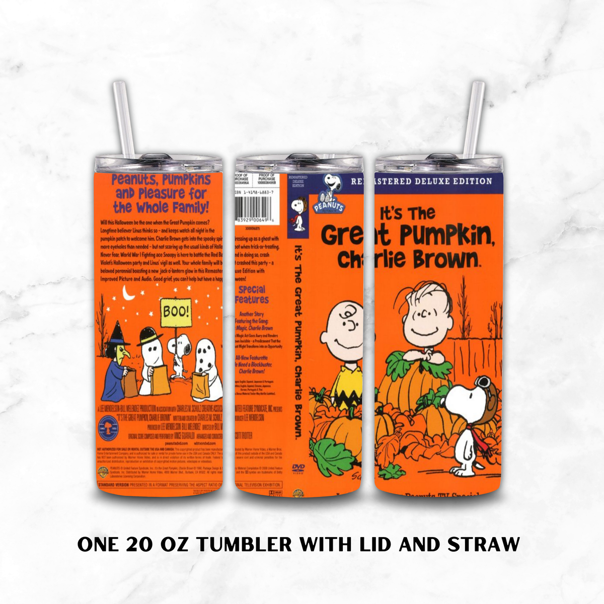 Three views of a 20 oz tumbler with lid and straw, featuring a Peanuts 'Peanuts, Pumpkins, and Pleasures for the Whole Family!' Halloween design. The tumblers show orange pumpkins, cartoon characters, and text including 'It's The Great Pumpkin, Charlie Brown.