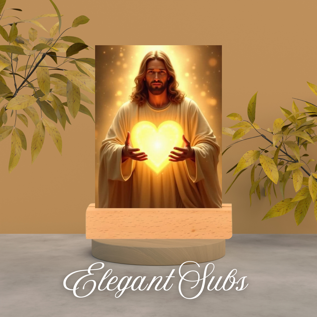Night light of Jesus holding a glowing heart with plants on a beige background, featuring the brand 'Elegant Subs'. 