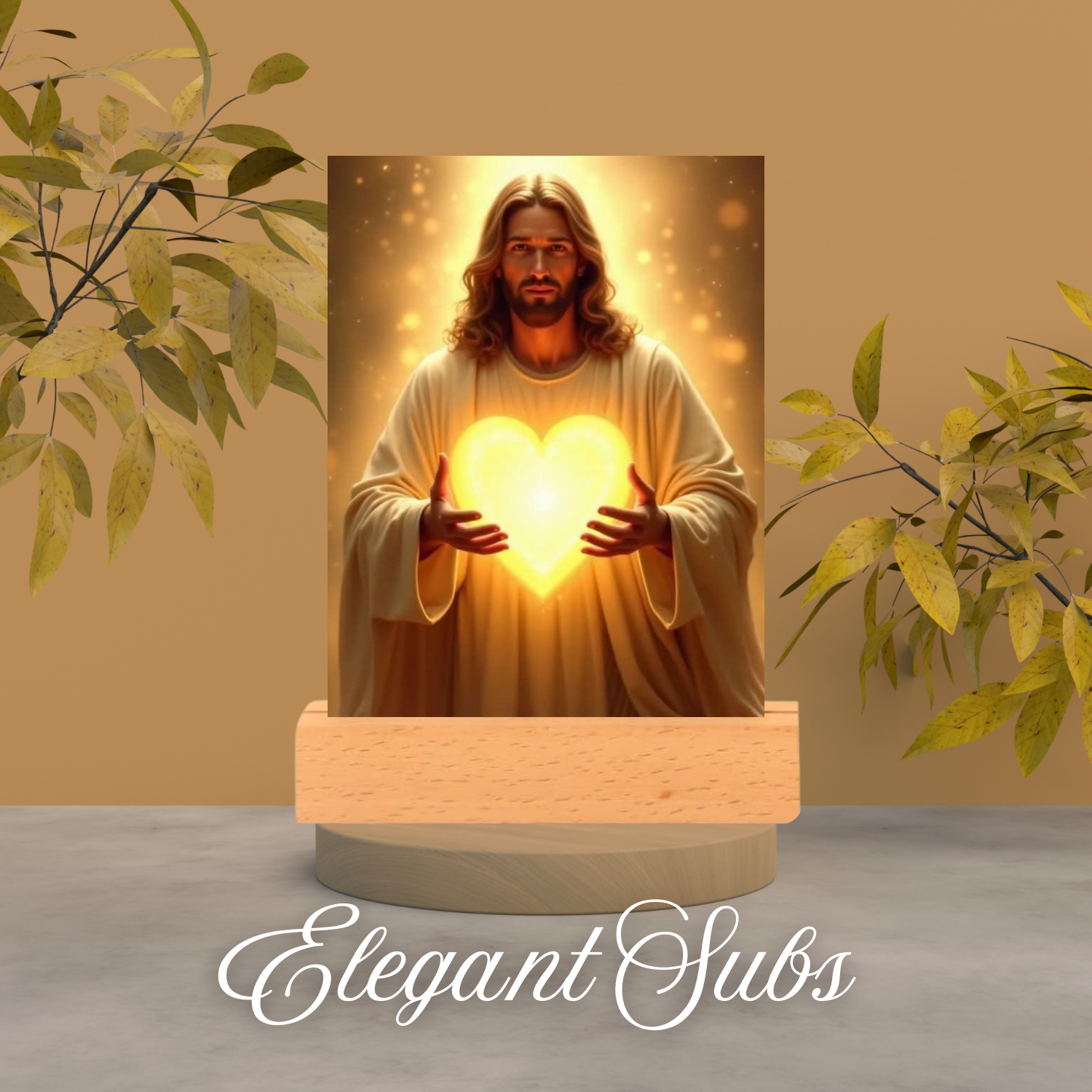 Night light of Jesus holding a glowing heart with plants on a beige background, featuring the brand 'Elegant Subs'. 