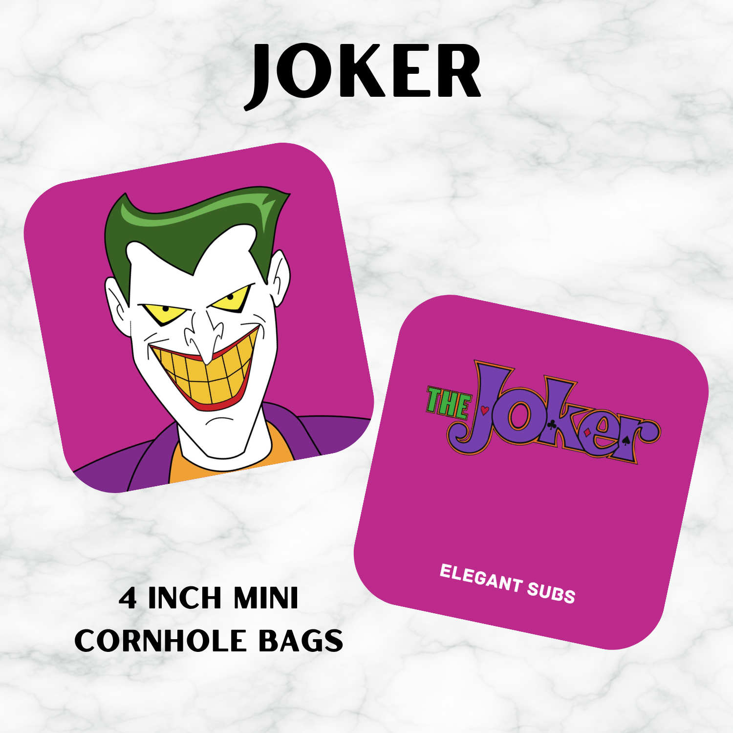 Two mini cornhole bags with Joker design on a white background