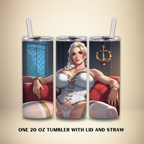 Three 20oz tumblers with anime character Jaina Proudmore of World of Warcraft on a tan background. 