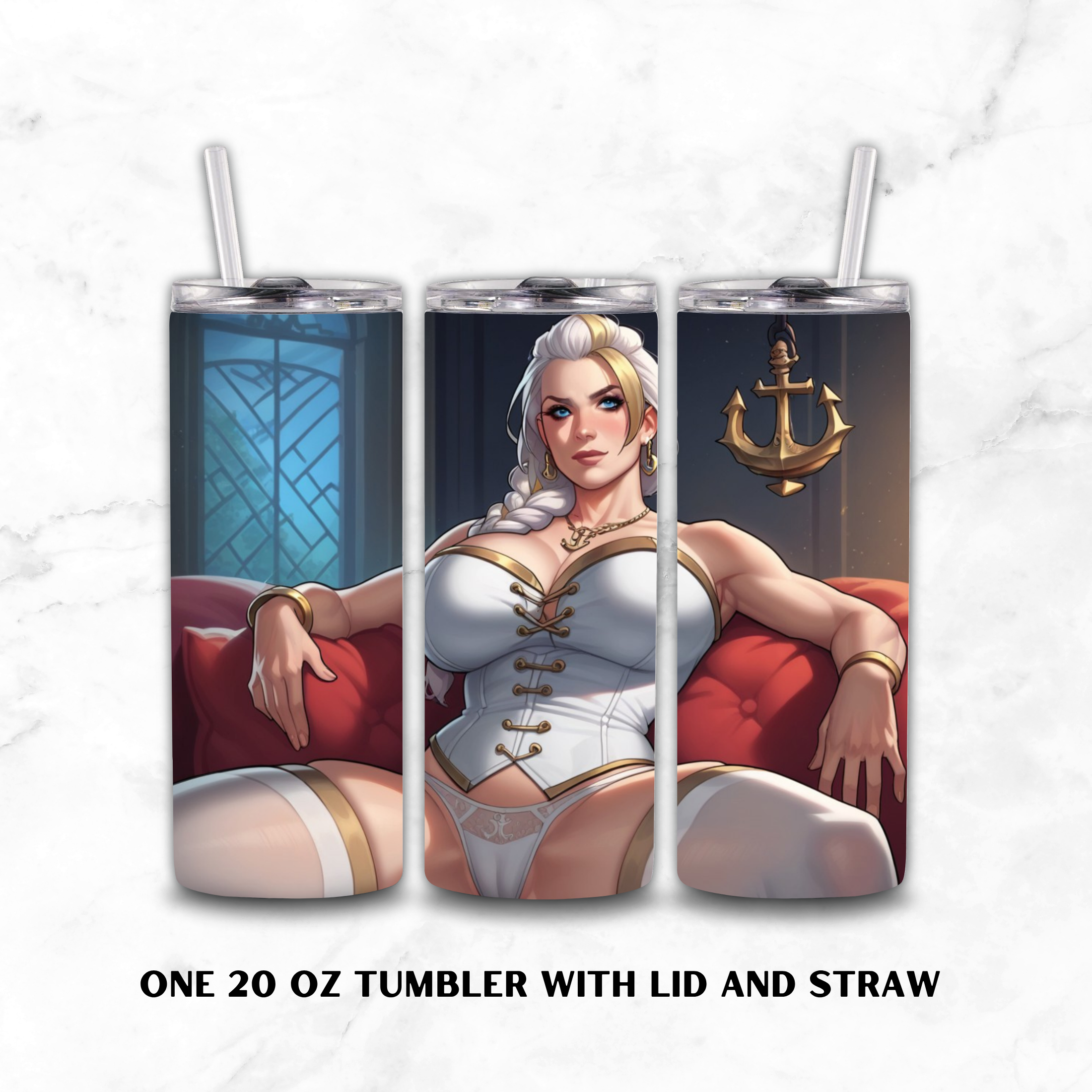 Three views of a 20 oz tumbler with lid and straw, featuring a printed anime-style illustration of Jaina Proudmore in a white and gold corset sitting on a red couch, with an anchor symbol on the right view. The tumblers are displayed on a white marble background with text at the bottom reading 'ONE 20 OZ TUMBLER WITH LID AND STRAW'.