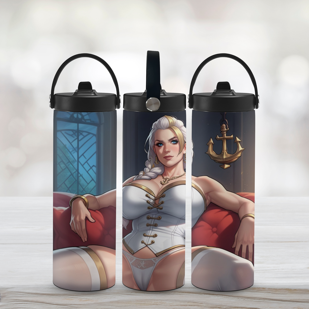 Three sports water bottles of an anime character of Jaina Proudmore with a white background.