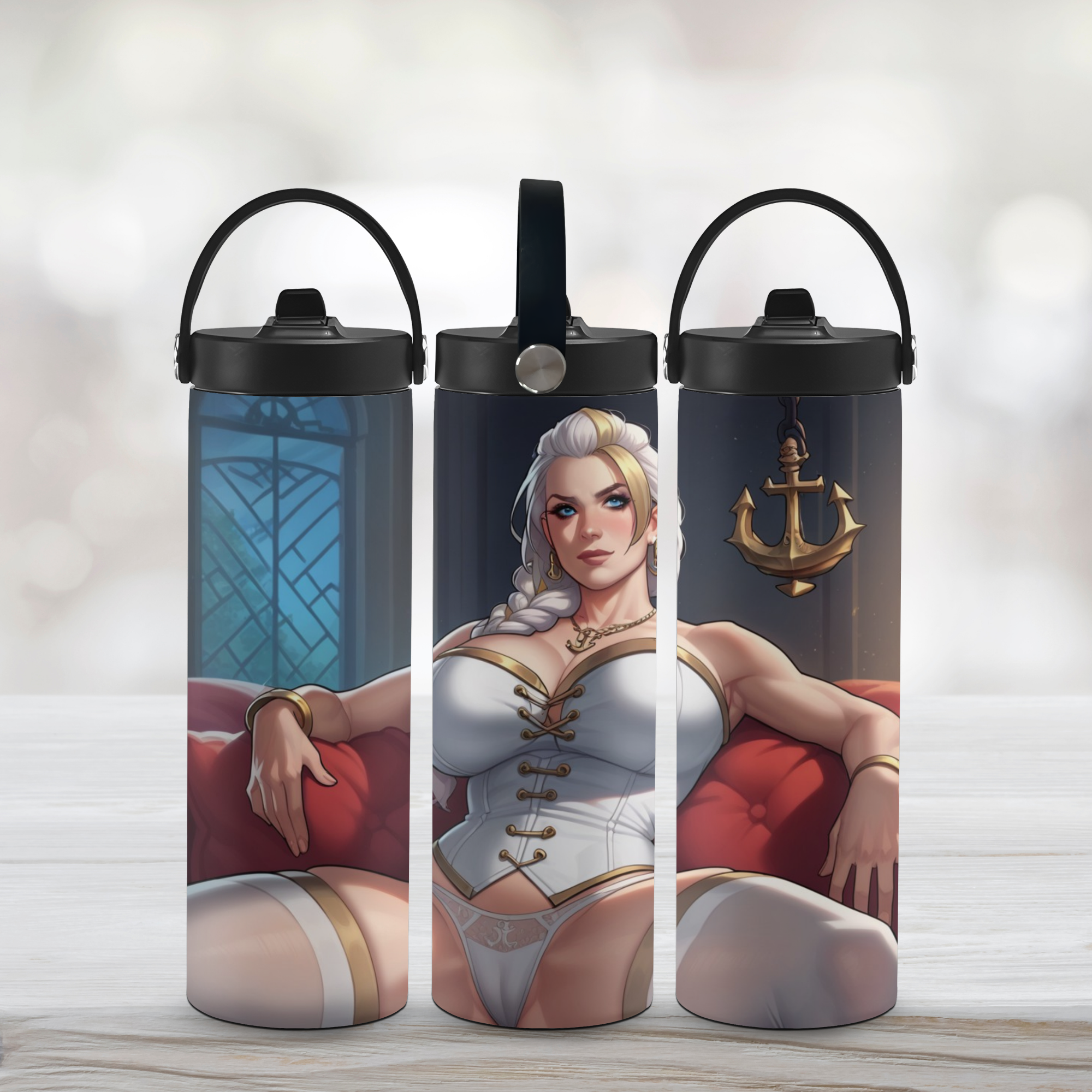 Three sports water bottles of an anime character of Jaina Proudmore with a white background.