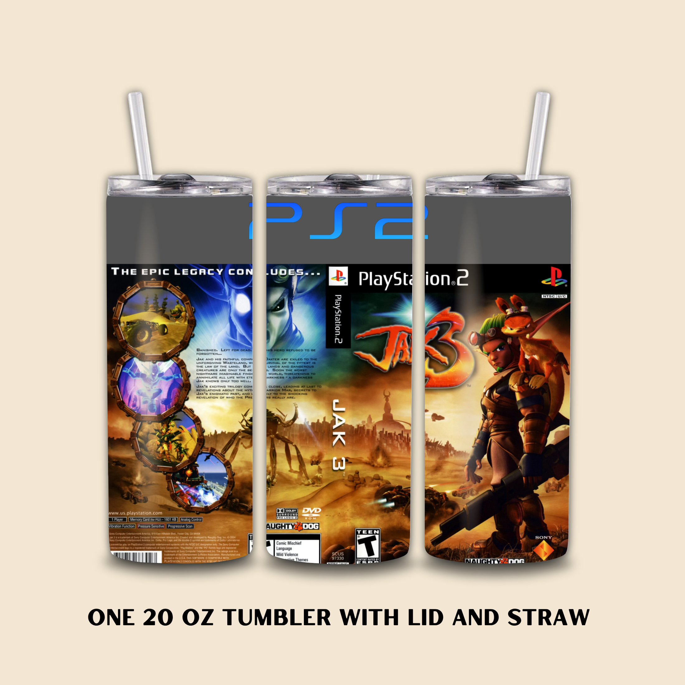 Three 20 oz tumblers with Jak 3 themed designs on a beige background