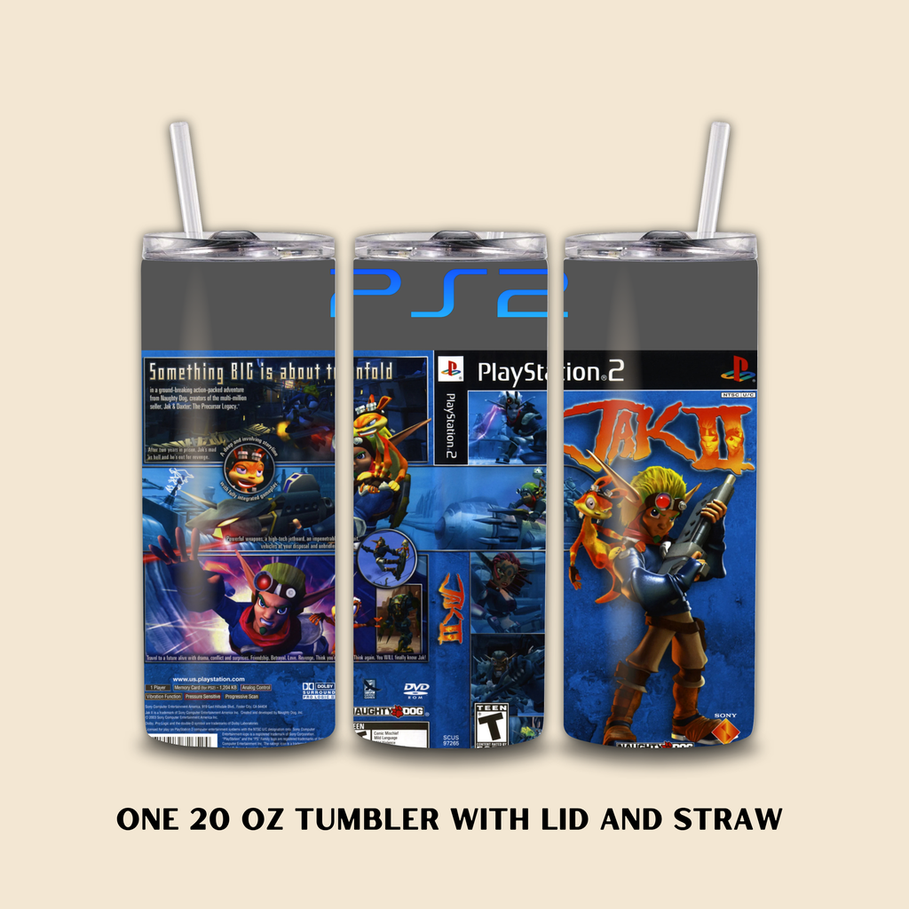 Three 20 oz tumblers with lids and straws featuring PlayStation 2 and Jak II designs on a beige background.