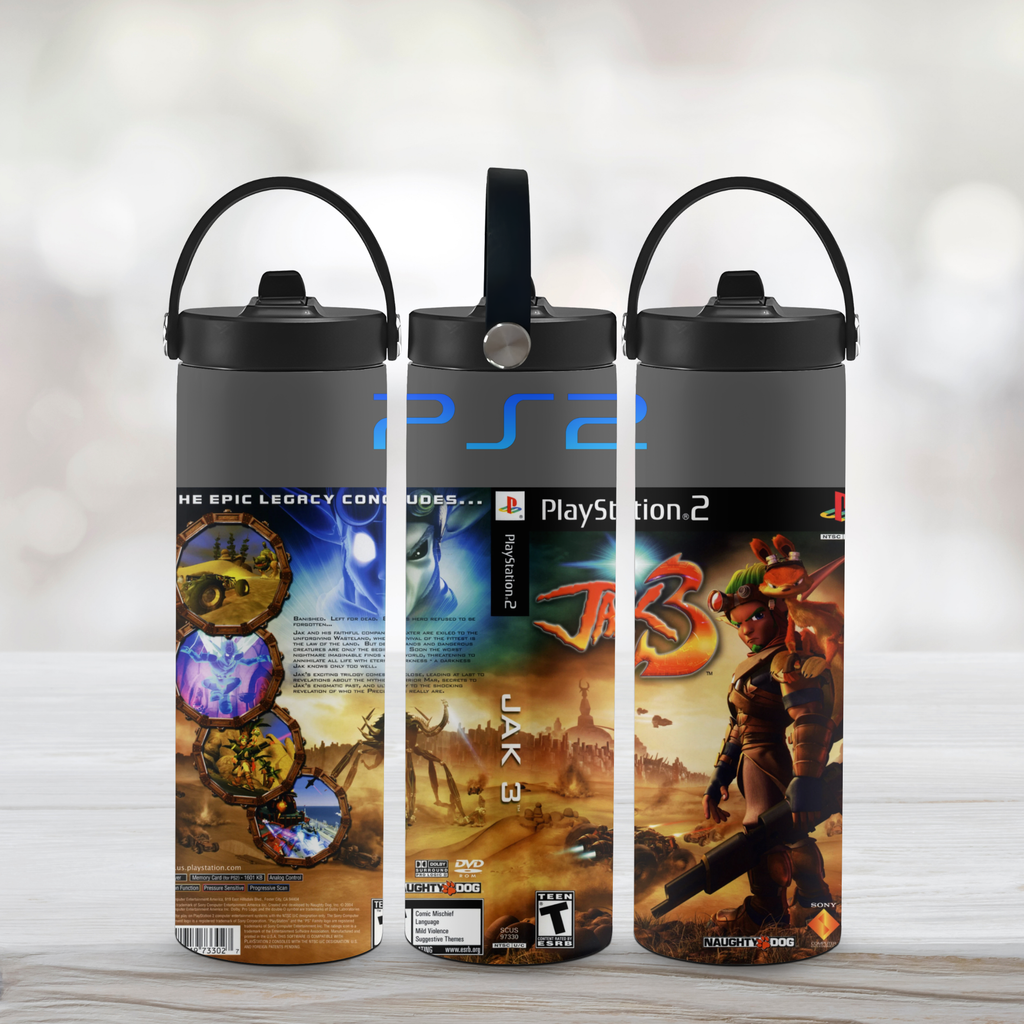 Three water bottles with Jak 3 on a light wooden surface