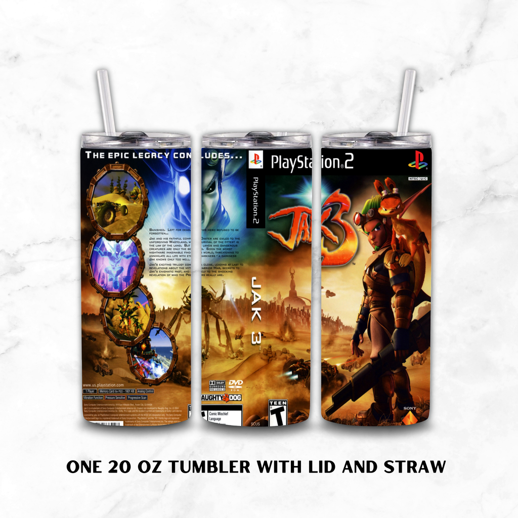 Three views of a 20 oz tumbler with lid and straw, printed with PlayStation 2 Jak 3 cover art, shown on a white marble background with text reading 'ONE 20 OZ TUMBLER WITH LID AND STRAW'.