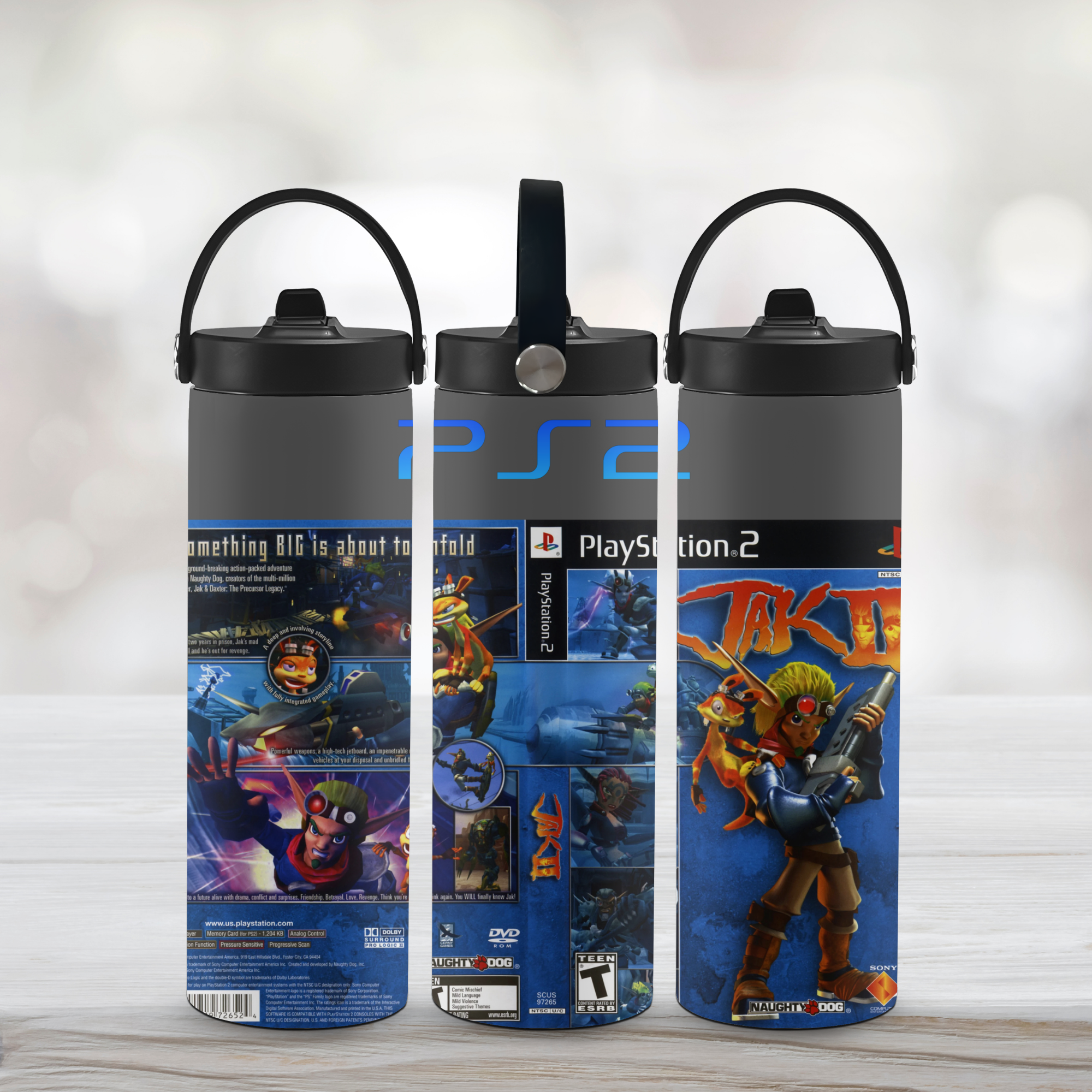 Three sports water bottles with Jak II branding and graphics on a light background