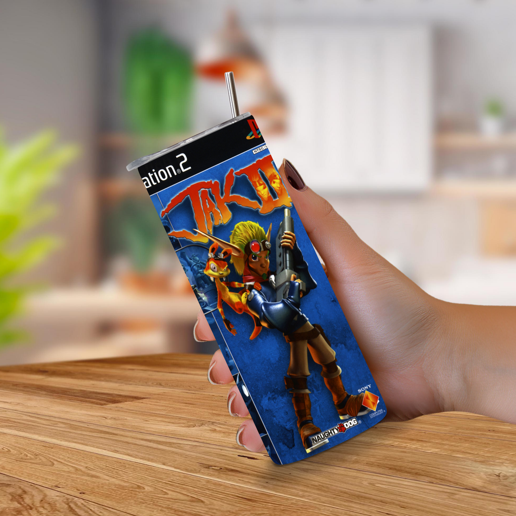 A hand holding a 20oz tumbler PlayStation 2 theme of Jak II video game, set against a blurred indoor background.