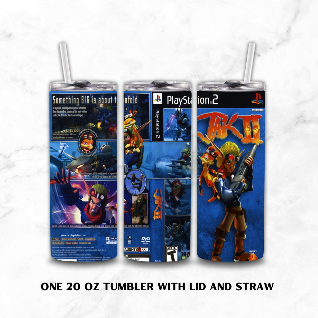 Three views of a 20 oz skinny tumbler with lid and straw, featuring a PlayStation 2 Jak II graphic wrap design, displayed on a white marble background.
