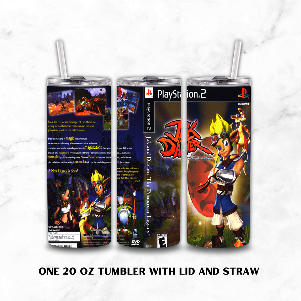 Three views of a 20 oz stainless steel tumbler with lid and straw, featuring custom PlayStation 2 themed wrap art with Jak and Daxter the Precursor Legacy, shown on a white marble background.