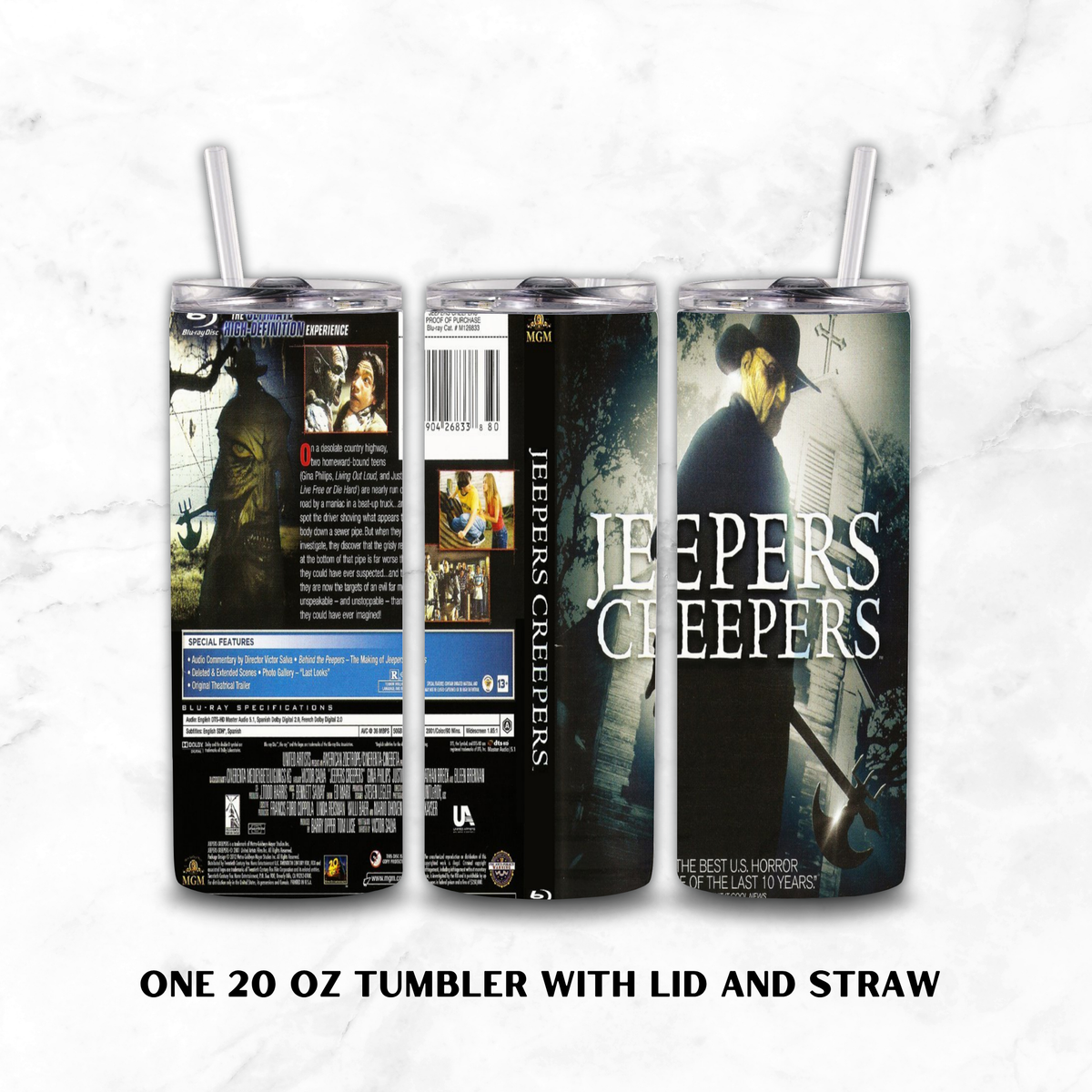 Three views of a 20 oz tumbler with lid and straw, featuring wraparound JEEPERS CREEPERS movie artwork on a white marble background. The views show the back, spine, and front of the tumbler.