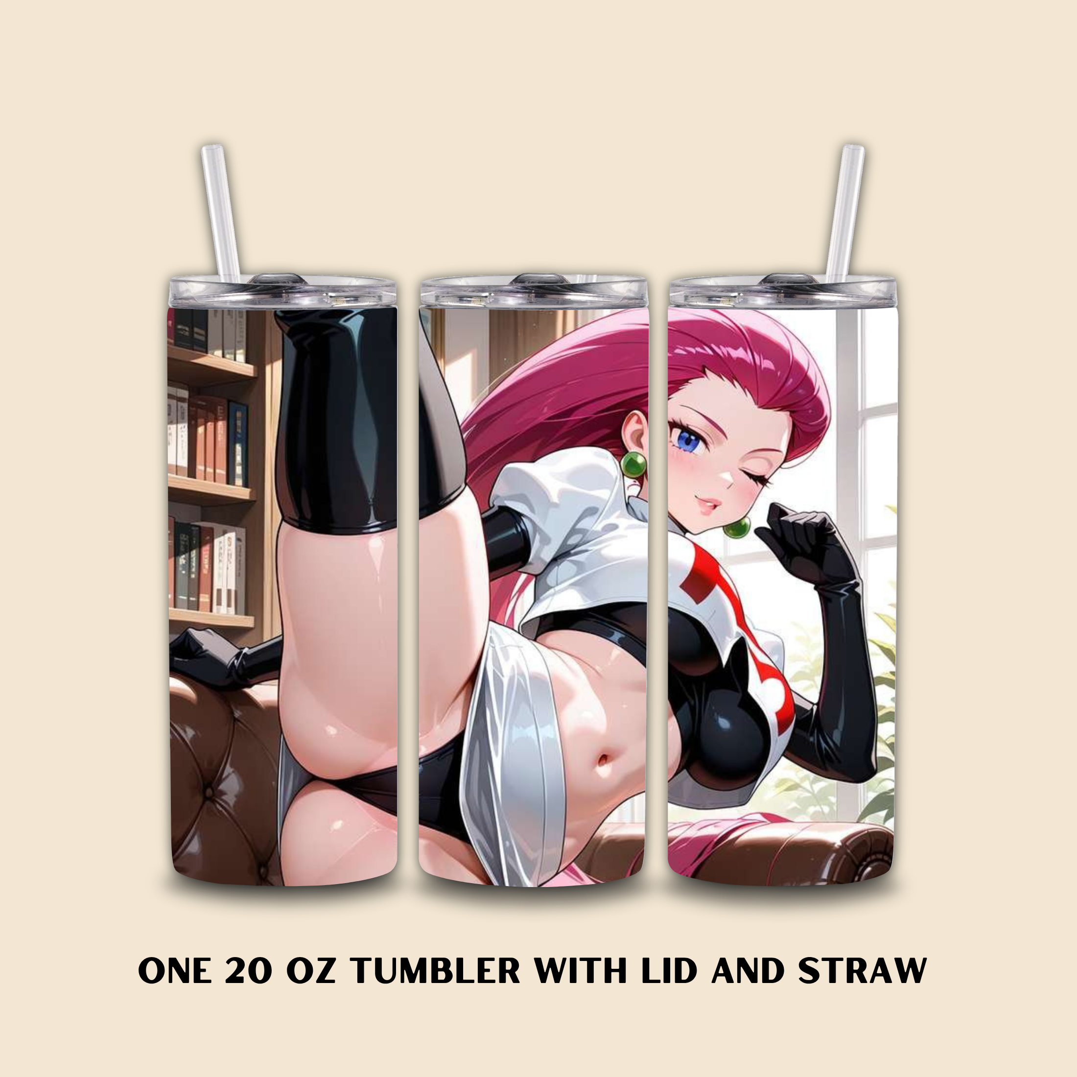 Three 20oz Tumbler with a Jessie Team Rocket design on a beige background