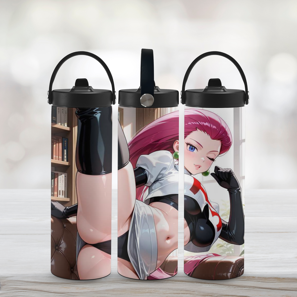 Three sports water bottles with Jessie Team Rocket design on a light background