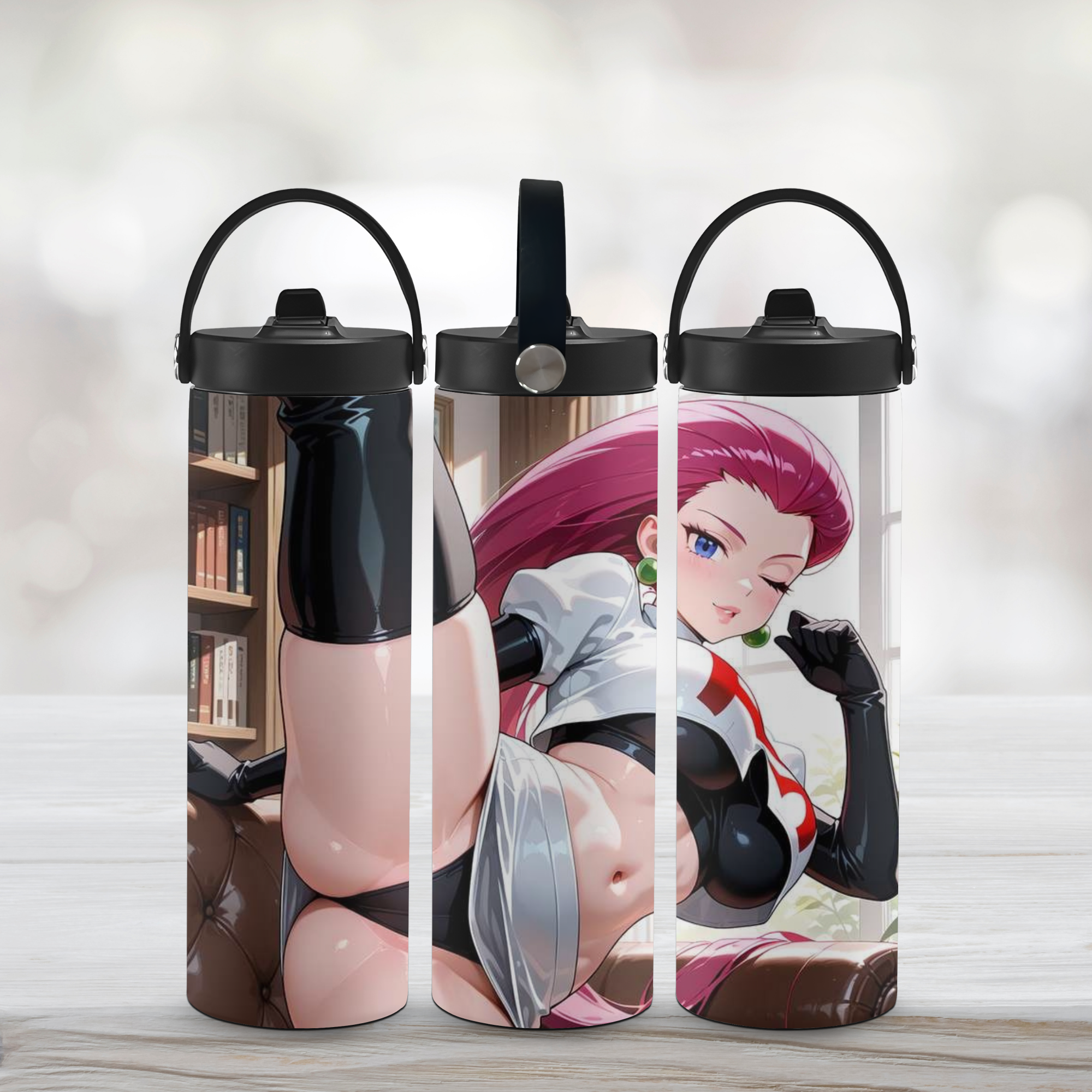 Three sports water bottles with Jessie Team Rocket design on a light background