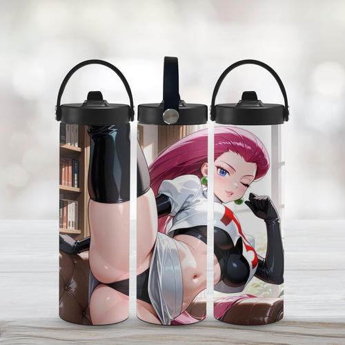 Three sports water bottles with Jessie Team Rocket design on a light background