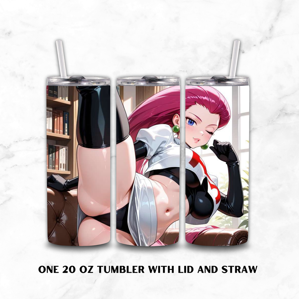 Three views of a 20 oz tumbler with lid and straw, featuring an anime-style illustration of Jessie from Team Rocket with pink hair in a black and white outfit, set against a white marble background.