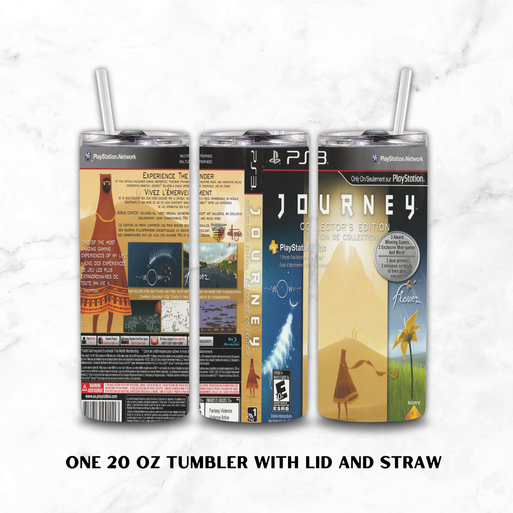 Three views of a 20 oz tumbler with lid and straw, featuring a PlayStation 3 'Journey Collector's Edition' wrap design, displayed on a white marble background with text at the bottom.