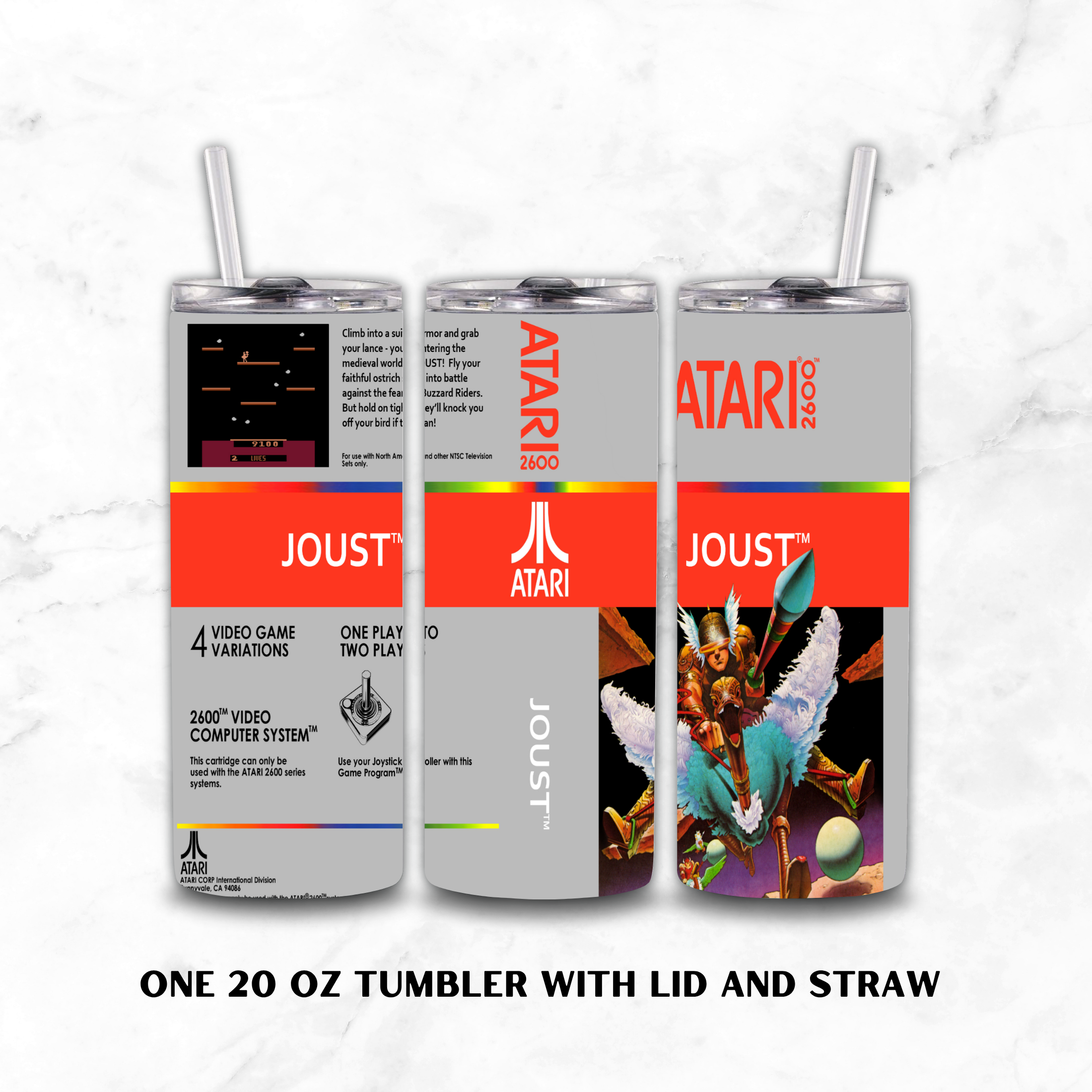 Three views of a 20 oz insulated tumbler with lid and straw, featuring a custom Atari Joust wrap design on a white marble background. The design includes retro Atari game graphics, the Atari logo, and the word 'JOUST'.