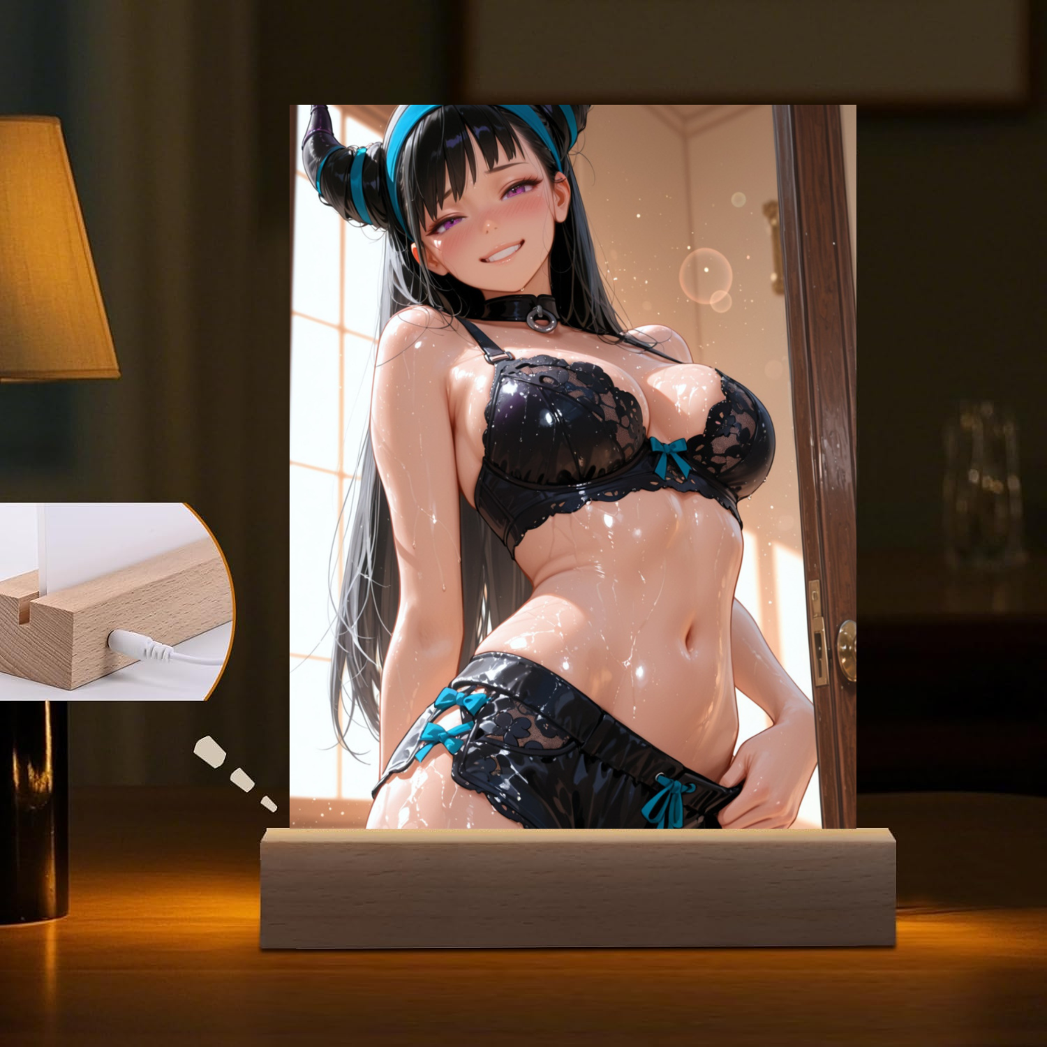 LED night light of Juri Han from Street Fighter with a lamp in the background.