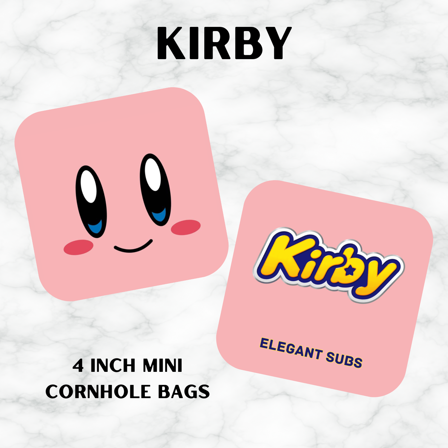 Two pink cornhole bags with Kirby design on a white background