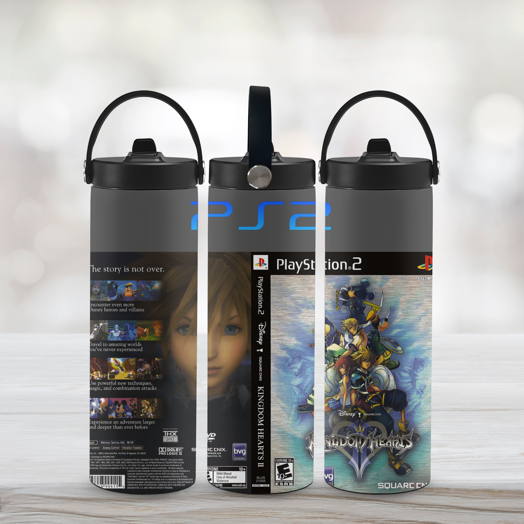 Three sports water bottle with Kingdom Hearts II branding and artwork on a light background