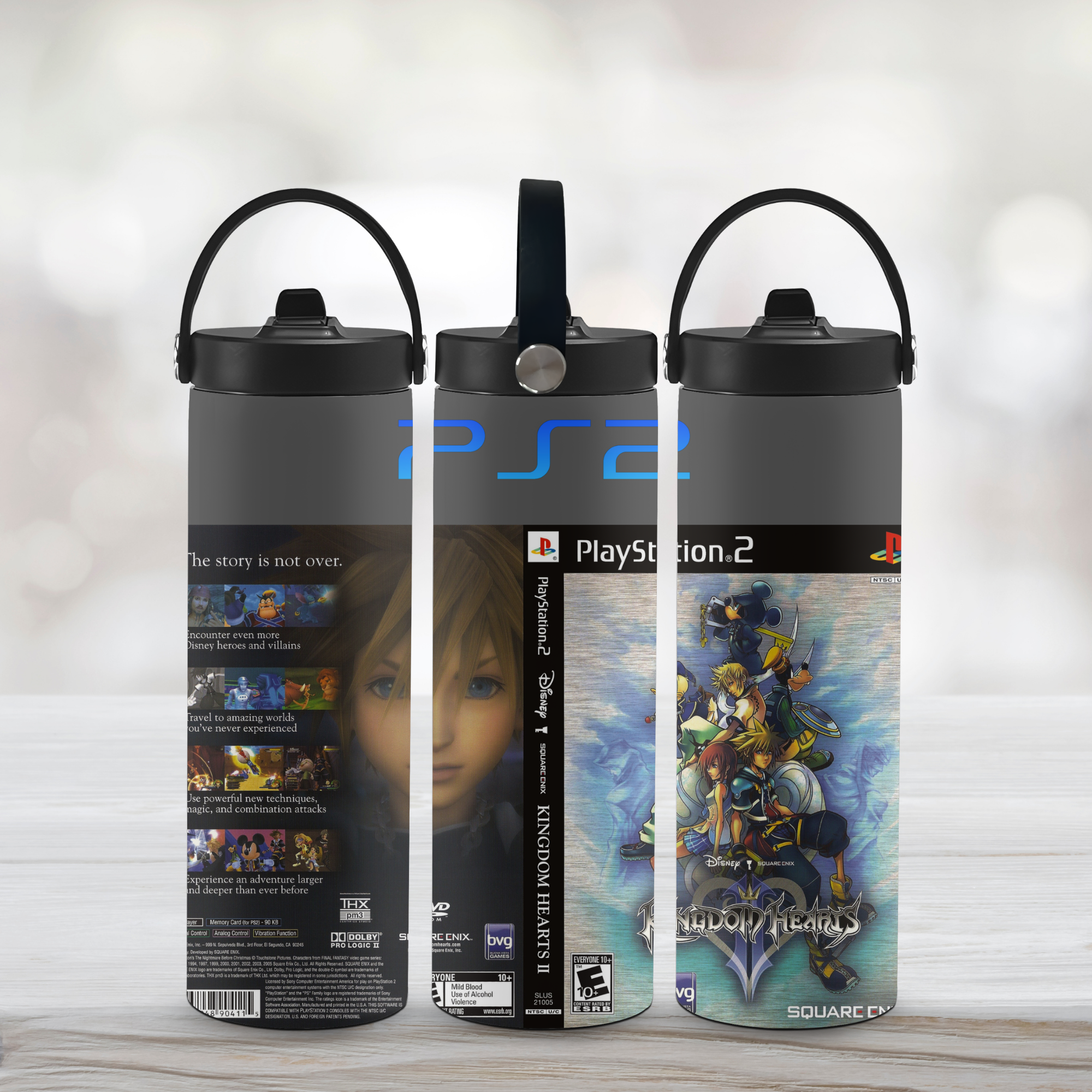 Three sports water bottle with Kingdom Hearts II branding and artwork on a light background