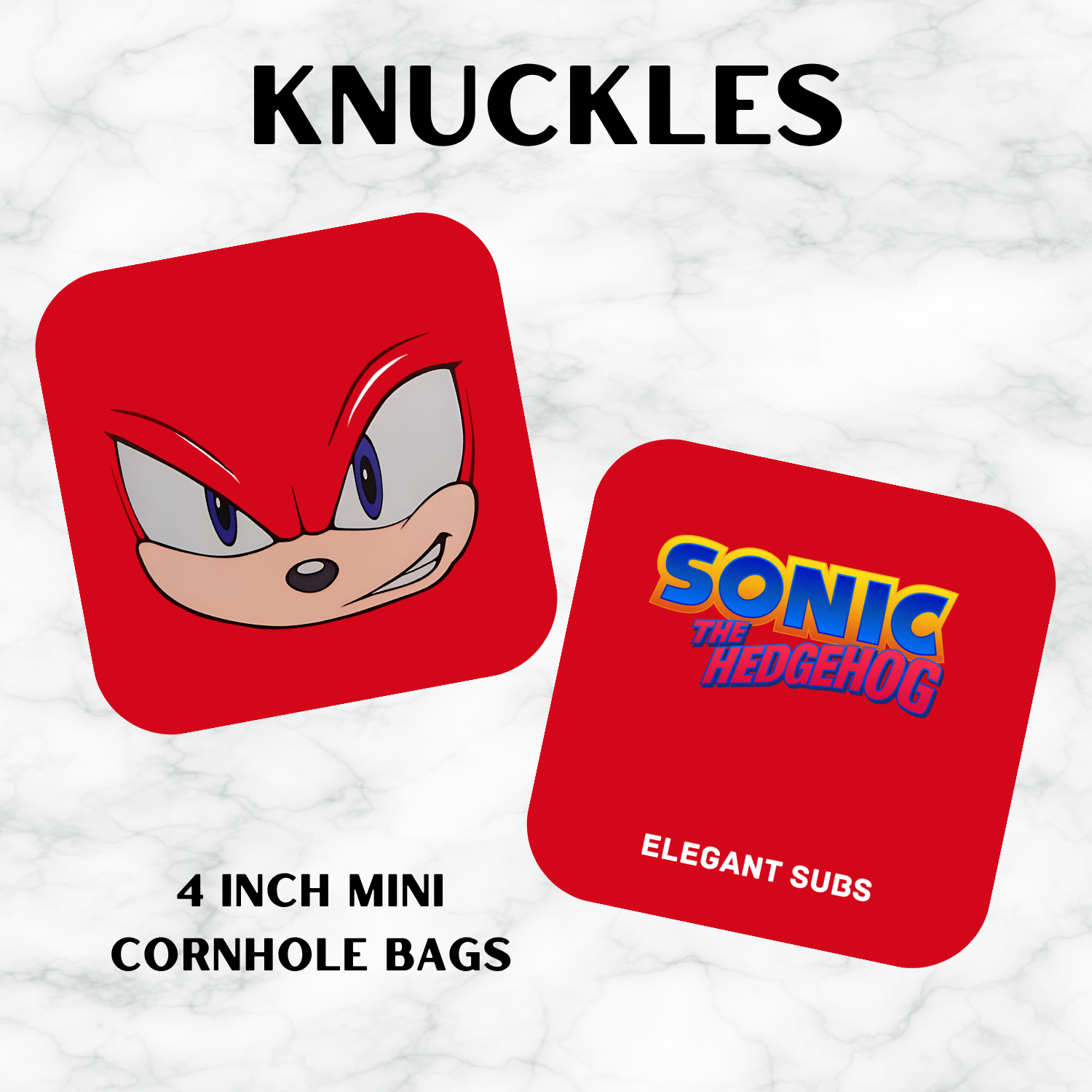 Two red cornhole bags with Knuckles the Echidna design and Sonic the Hedgehog branding on a white background.