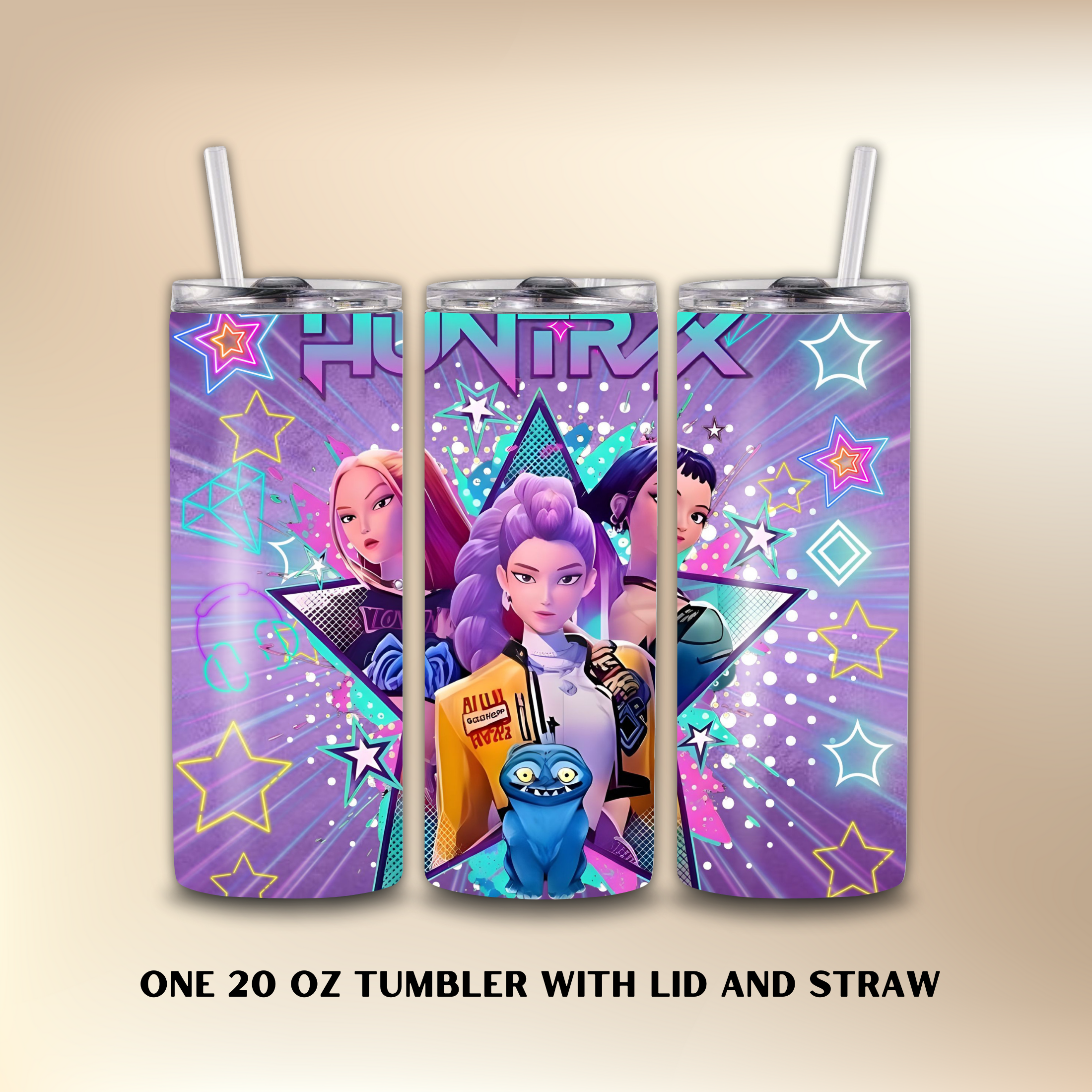 Three 20 oz tumblers with colorful designs featuring KPOP characters and text on a beige background.