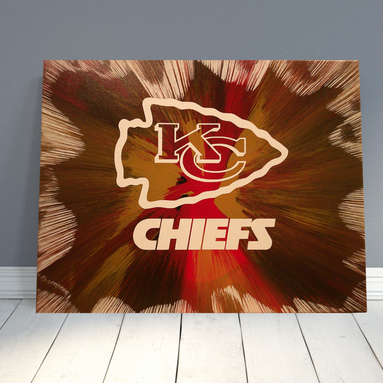 Football‑themed spin art inspired by Kansas City Chiefs colors