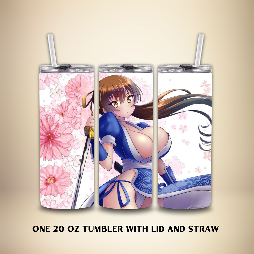 Three 20oz tumblers with anime character Kasumi of Dead or Alive with a tan background.