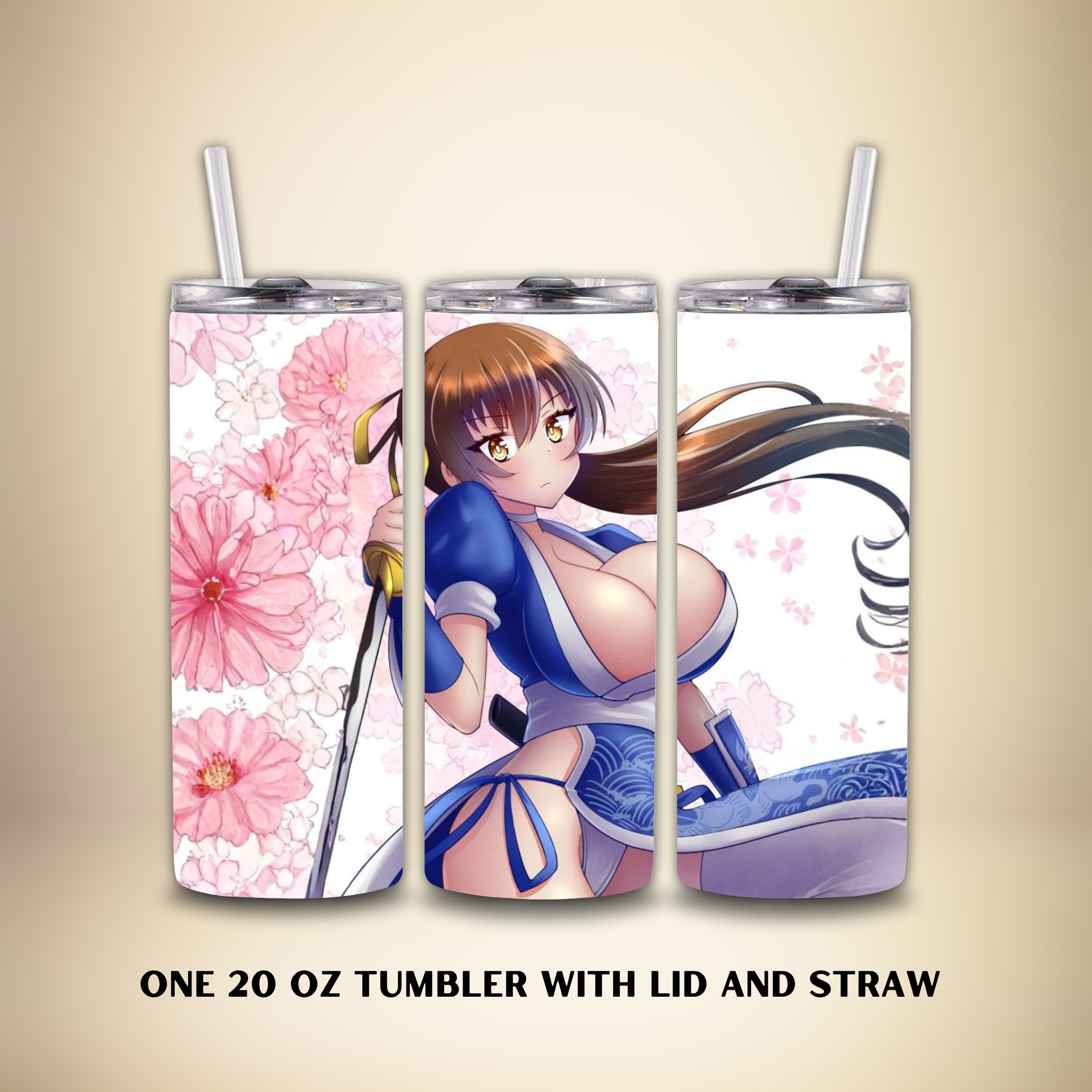 Three 20oz tumblers with anime character Kasumi of Dead or Alive with a tan background.